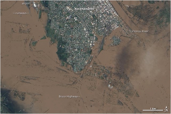 Część Rockhampton w Australii, w tym port lotniczy, zatopione podczas wylewu rzeki Fitzroy.