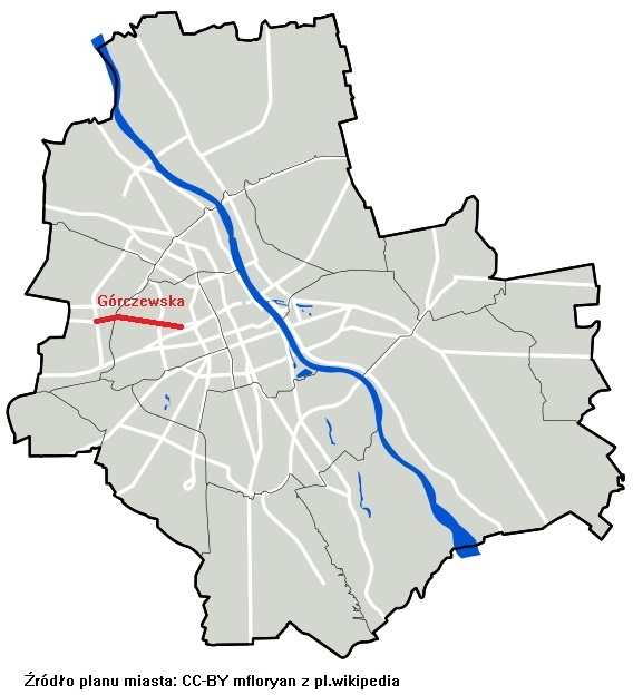 Górczewska na tle planu Warszawy. 