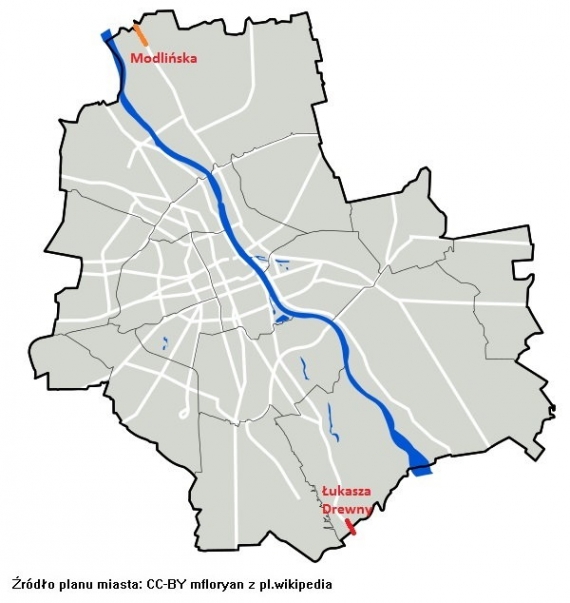 Omawiany odcinek ul. Modlińskiej i ul. Drewny na tle planu Warszawy. 