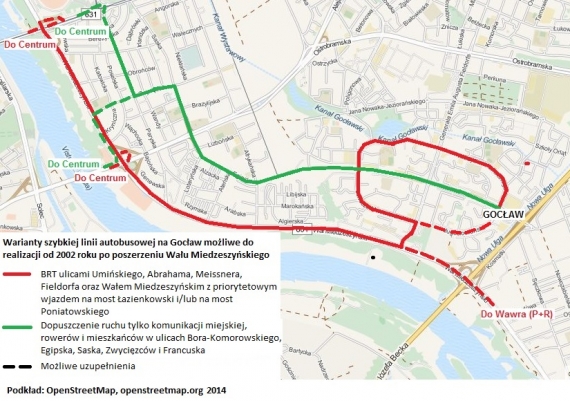 Warianty szybkiej linii autobusowej na Gocław możliwe do realizacji od 2002 r. po poszerzeniu Wału Miedzeszyńskiego. 