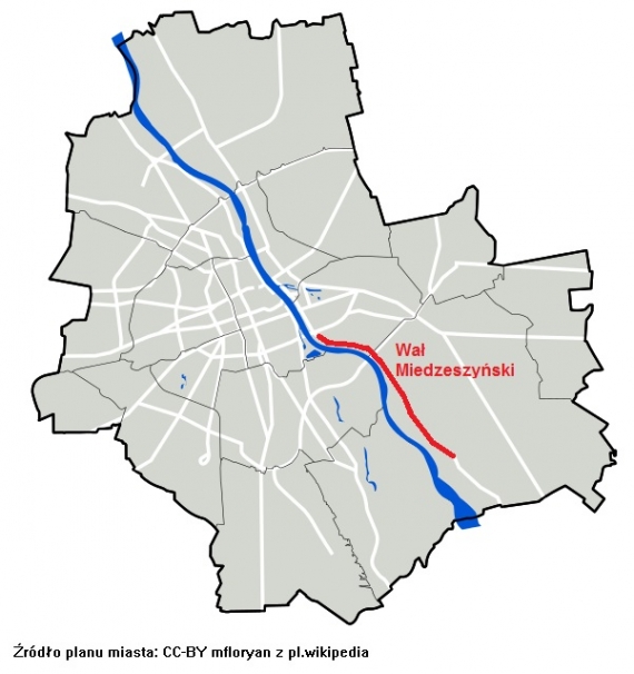 Wał Miedzeszyński na tle planu Warszawy. 