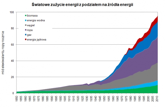 Światowe zużycie energii z podziałem na źródła energii