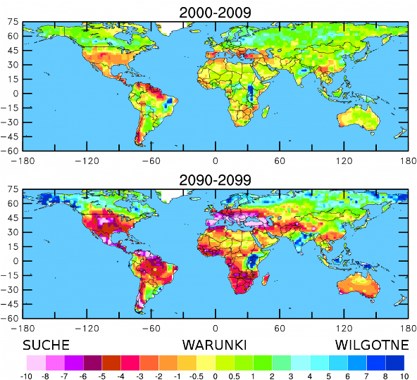 . Mapy przedstawiające potencjalne zagrożenie suszami w przyszłości 