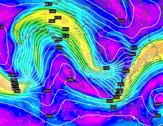 Prędkości  wiatru na wysokości odpowiadającej ciśnieniu 300 mb 16.01.2014 