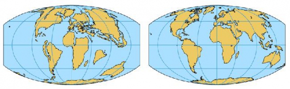 . Rozmieszczenie kontynentów pod koniec ery dinozaurów 65 mln lat temu i obecnie