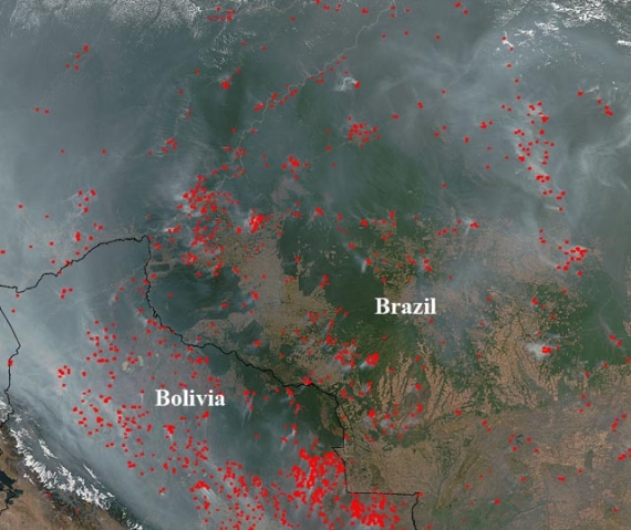 Setki pożarów (czerwone kwadraty) pokryły gęstym dymem obszar lasu deszczowego Amazonii