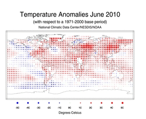 Odchylenia temperatur w czerwcu 2010 od normy wieloletniej