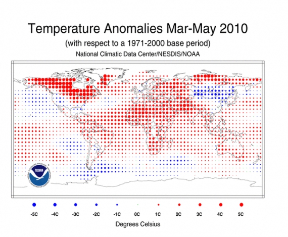 Mapa odchylenia temperatury od średniej dla maja 2010Mapa odchylenia temperatury od średniej dla maja 2010