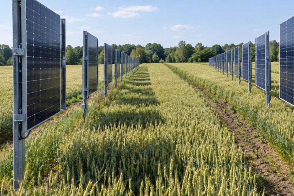 Pionowe rzędy modułów bifacjalnych w polu pszenicy w instalacji agrofotowoltaicznej