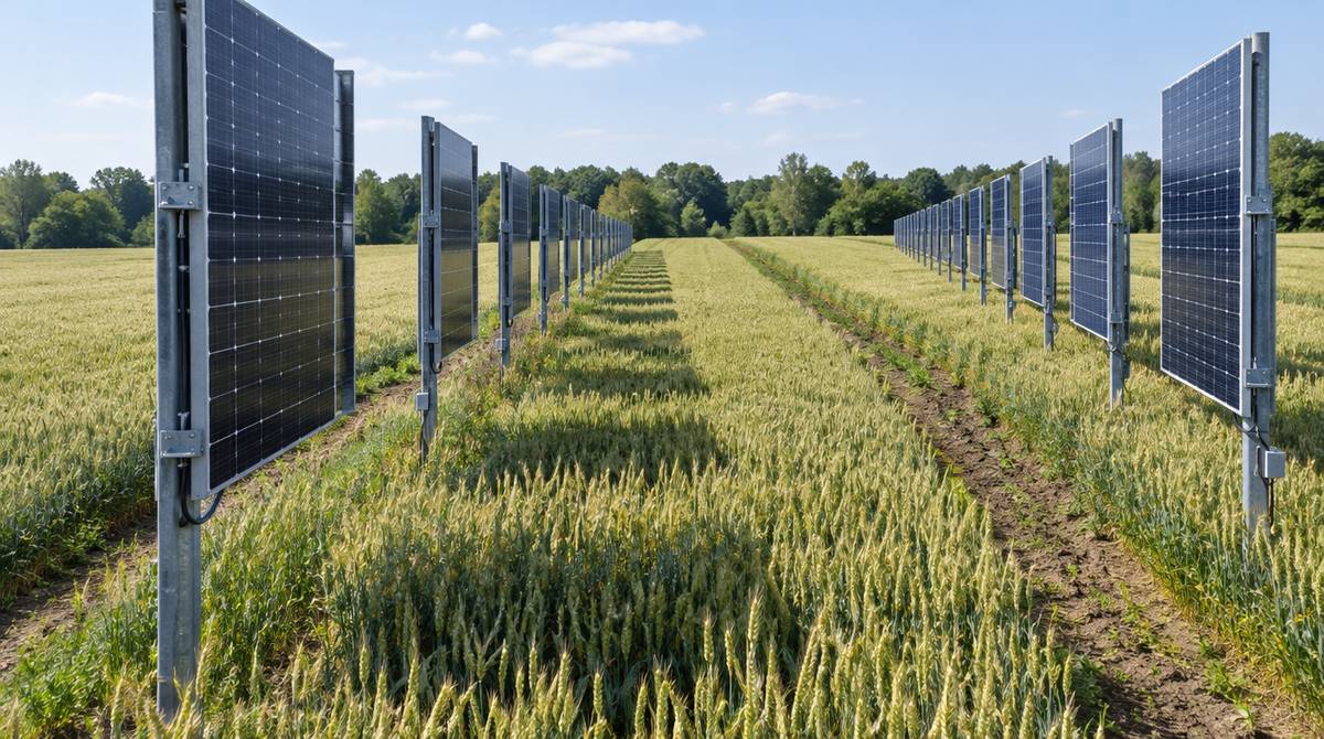 Pionowe rzędy modułów bifacjalnych w polu pszenicy w instalacji agrofotowoltaicznej
