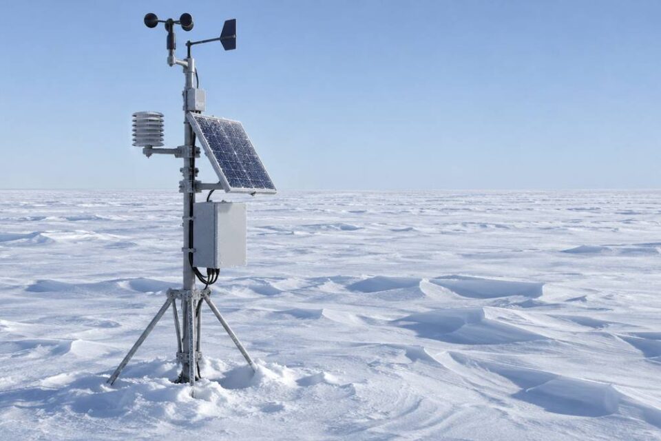 Automatyczna stacja meteorologiczna z anemometrem i panelem słonecznym na lądolodzie Antarktydy wśród sastrug