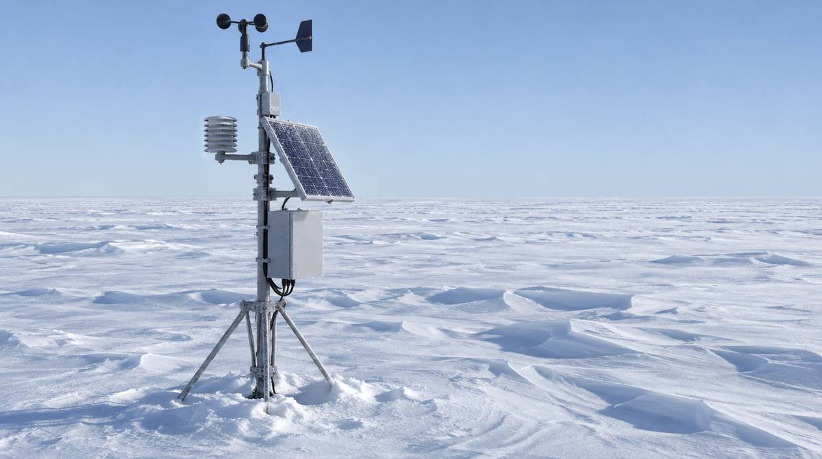 Automatyczna stacja meteorologiczna z anemometrem i panelem słonecznym na lądolodzie Antarktydy wśród sastrug