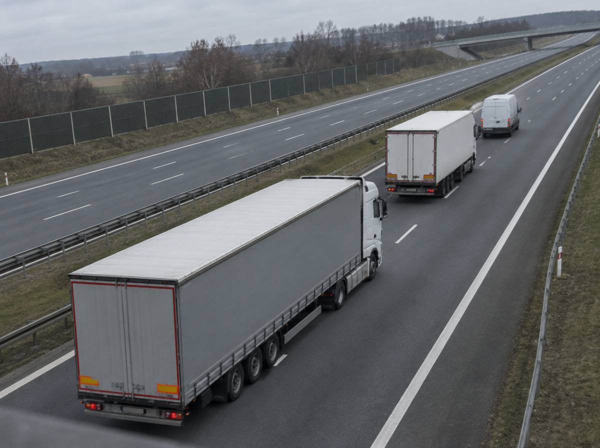 Ciągnik siodłowy z naczepą, ciężarówka solówka i bus jadą prawym pasem drogi ekspresowej w pochmurny dzień