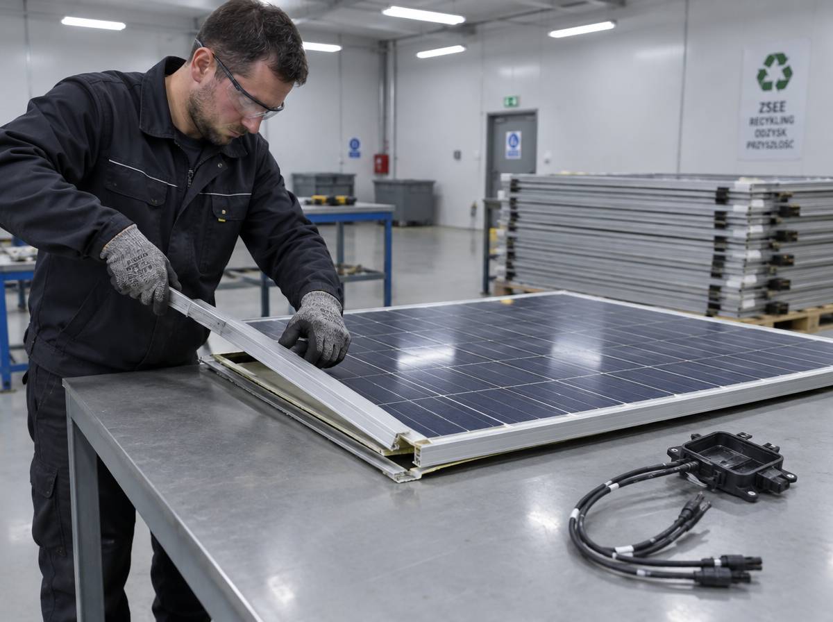 Pracownik zakładu przetwarzania ZSEE zdejmuje ramę aluminiową z panelu fotowoltaicznego, obok skrzynka przyłączeniowa