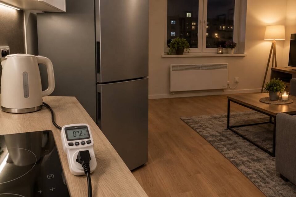 Kuchnia z lodówką z zamrażarką, płytą indukcyjną, czajnikiem elektrycznym, grzejnikiem konwektorowym i watomierzem