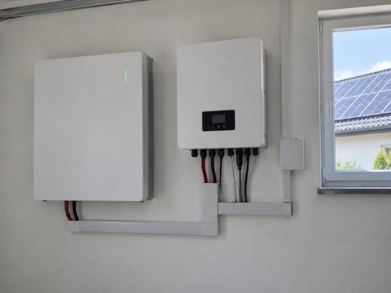 Domowy magazyn energii na ścianie garażu obok falownika hybrydowego, za oknem panele fotowoltaiczne na dachu