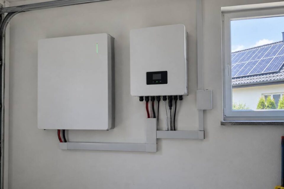 Domowy magazyn energii na ścianie garażu obok falownika hybrydowego, za oknem panele fotowoltaiczne na dachu