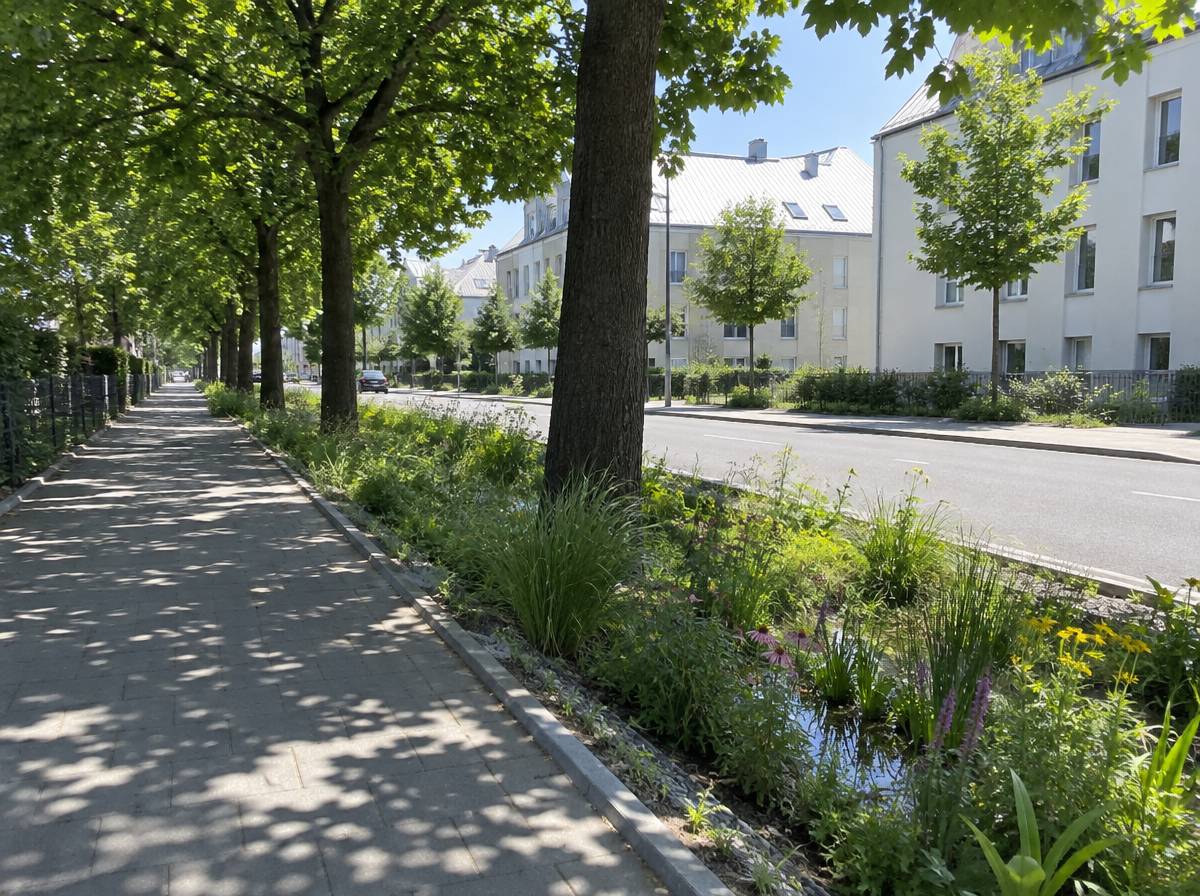 Szpaler drzew liściastych cieniujący chodnik, jasne dachy w tle i ogród deszczowy przy krawężniku