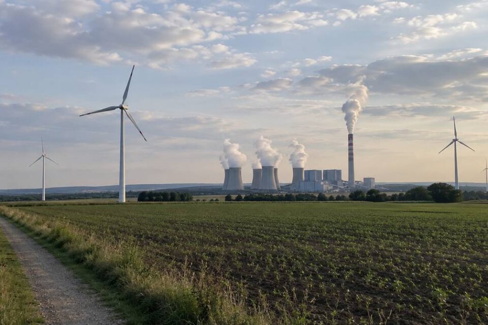 Elektrownia węglowa z chłodniami kominowymi w oddali i turbiny wiatrowe na polu uprawnym