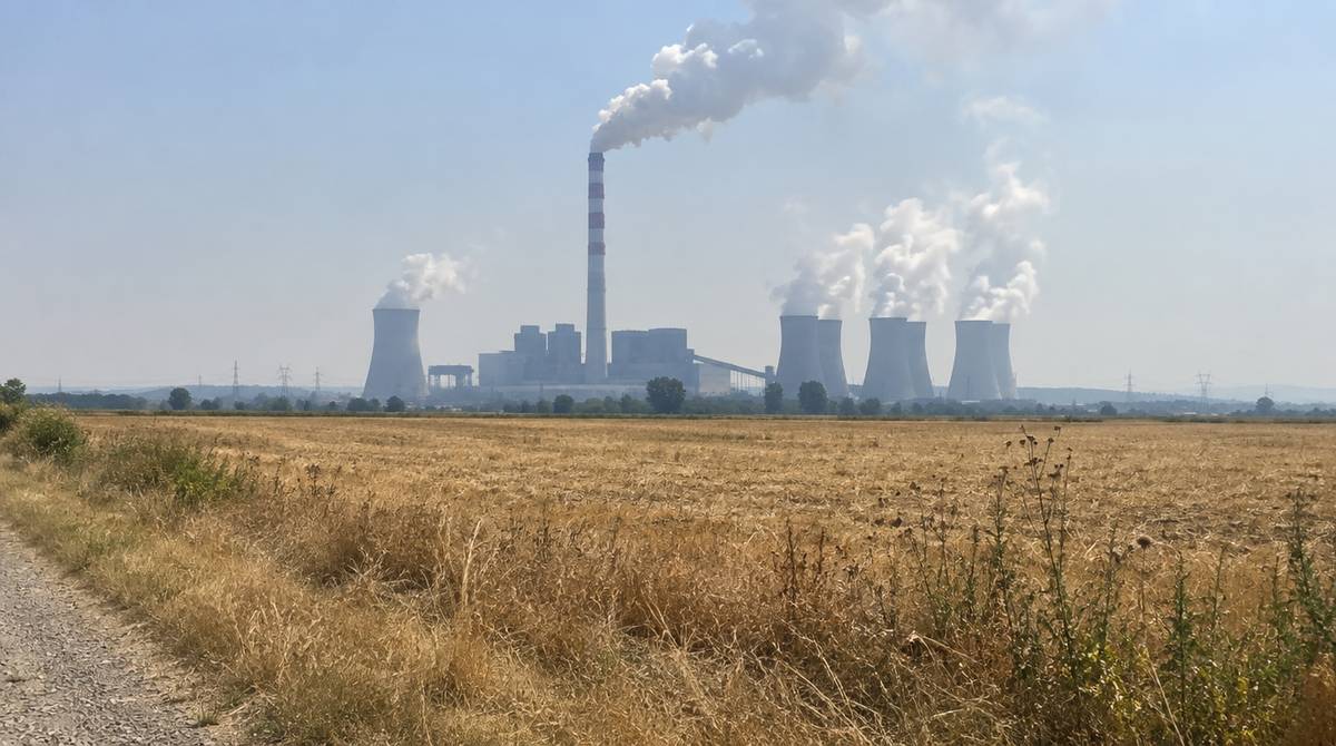 Elektrownia węglowa z kominem i chłodniami kominowymi za wysuszonym polem w letnim upale