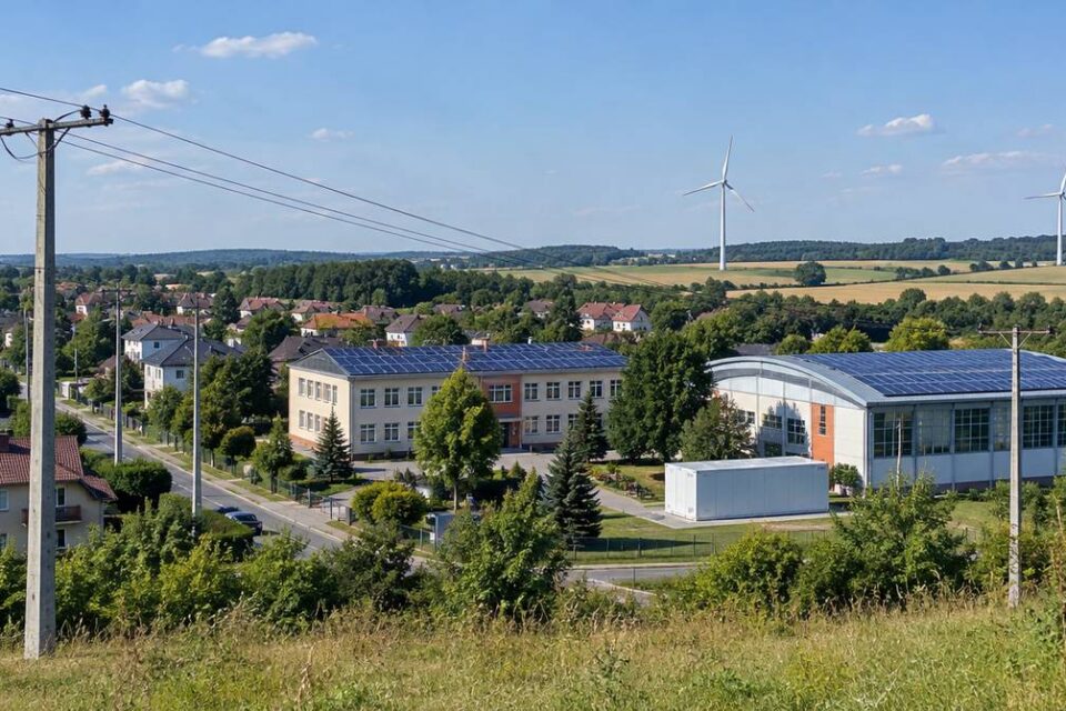 Mała gmina z panelami fotowoltaicznymi na dachach, magazynem energii, linią średniego napięcia i turbinami wiatrowymi