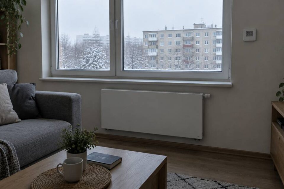 Grzejnik konwektorowy pod oknem w salonie i termostat pokojowy na ścianie