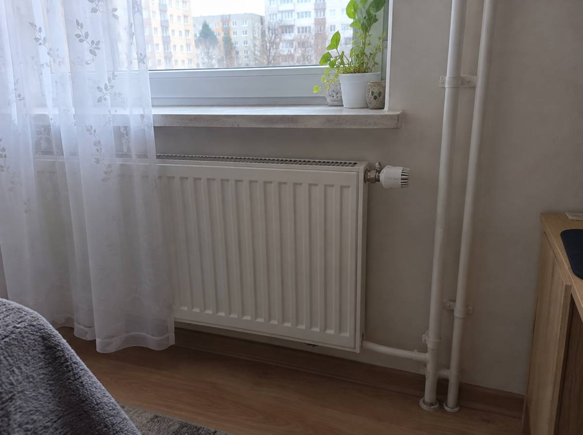 Stalowy grzejnik płytowy z głowicą termostatyczną i rury pionu grzewczego w mieszkaniu w bloku
