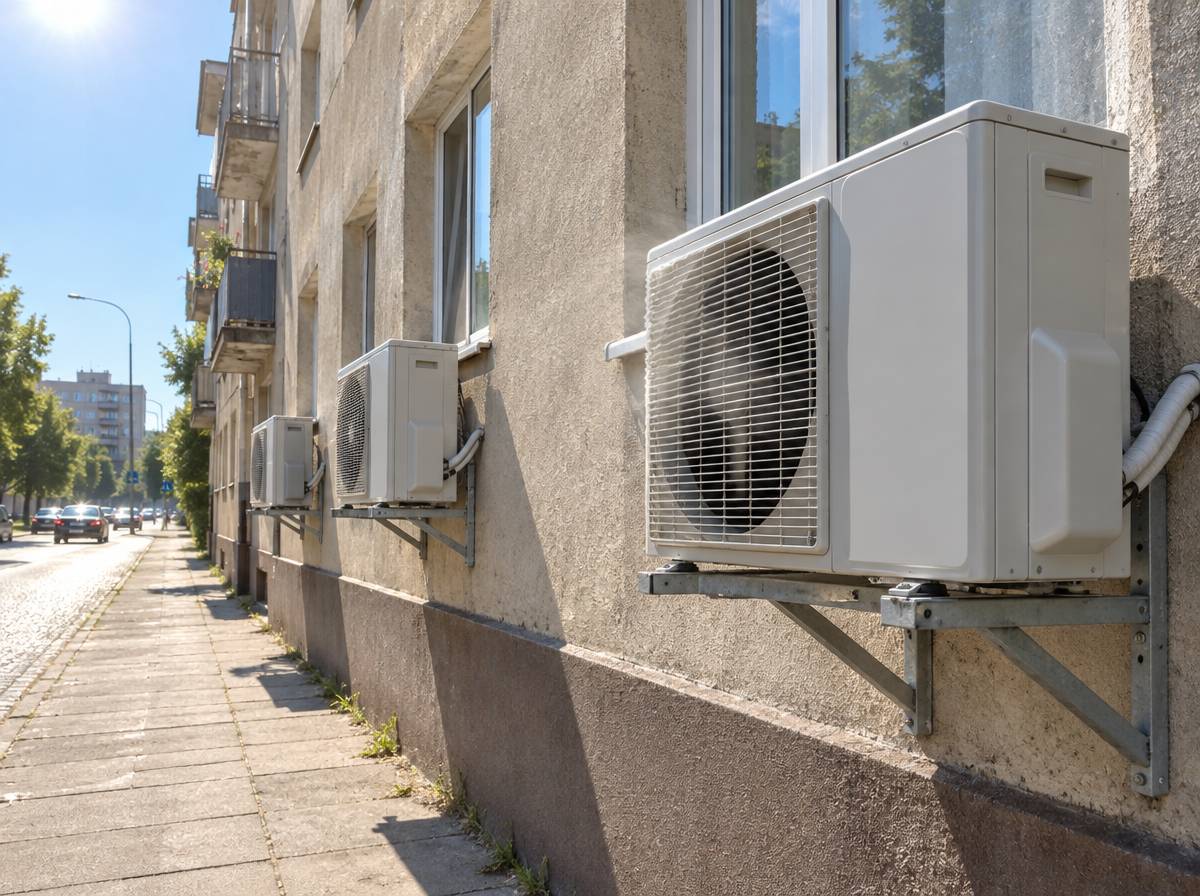 Jednostki zewnętrzne klimatyzatorów split ze skraplaczami na wspornikach pod oknami bloku w upalny dzień