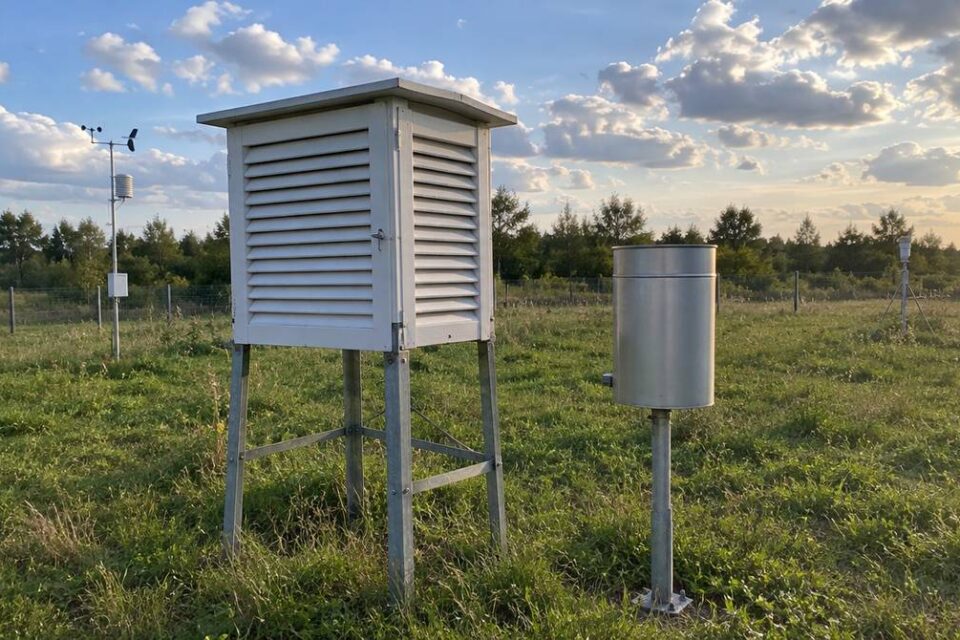 Biała klatka meteorologiczna i deszczomierz na trawie, używane do pomiaru temperatury i opadów