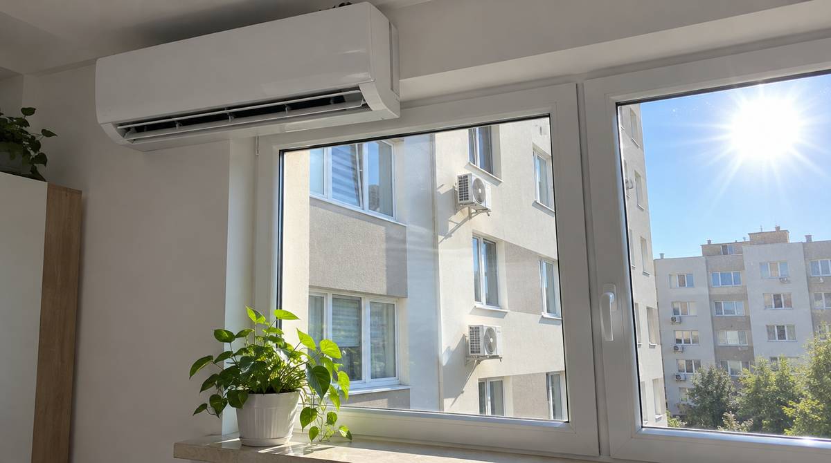 Jednostka wewnętrzna klimatyzatora split nad oknem, za szybą blok z jednostkami zewnętrznymi w upalny dzień
