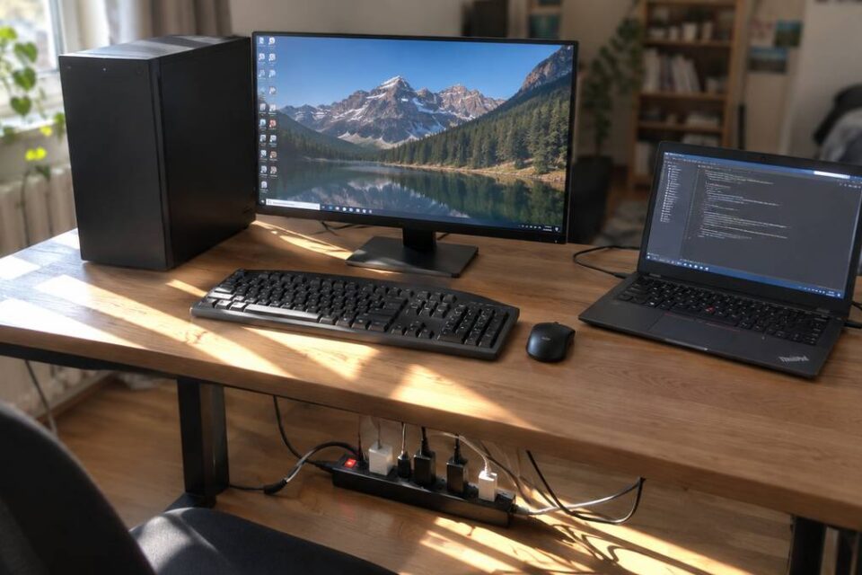 Komputer stacjonarny z monitorem i laptop na domowym biurku, pod blatem listwa zasilająca z wtyczkami