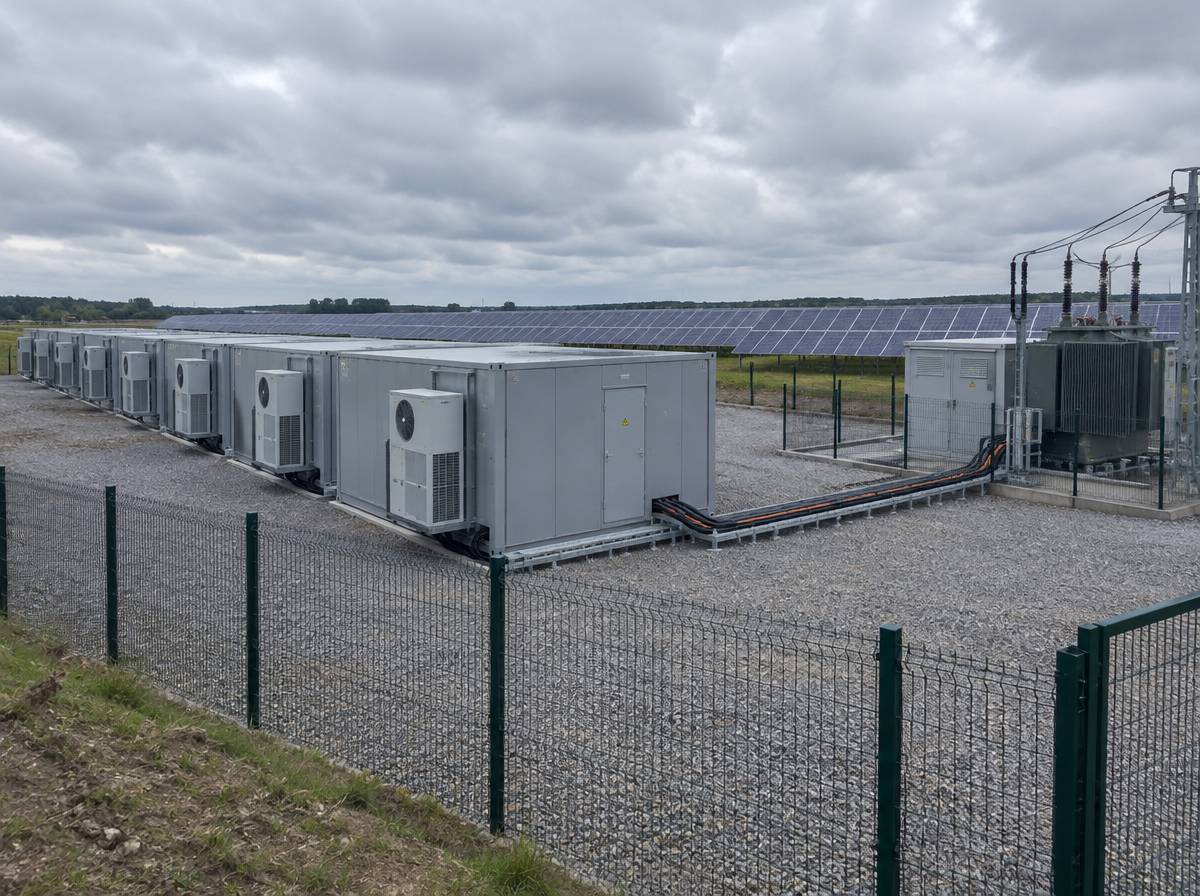 Kontenerowe magazyny energii z bateriami litowo-jonowymi LFP przy farmie fotowoltaicznej i stacji transformatorowej