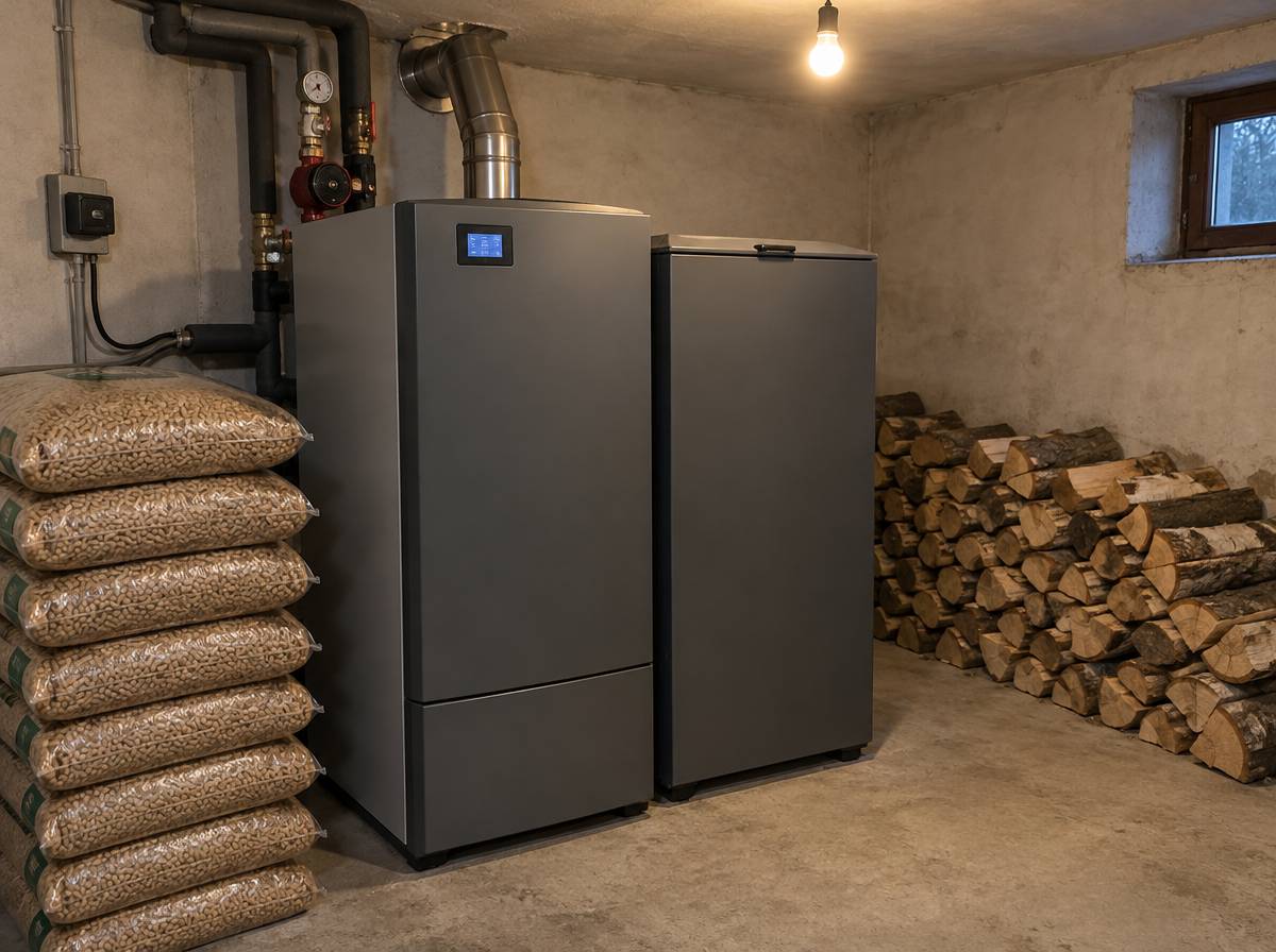 Domowa kotłownia z kotłem na pellet i zasobnikiem, obok worki pelletu i sterta porąbanego drewna