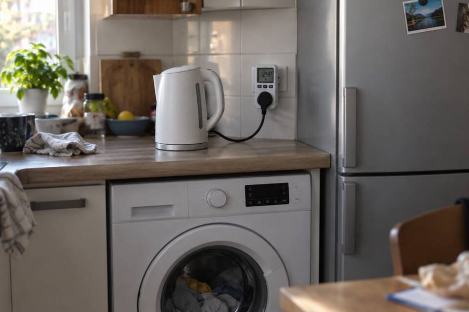 Domowa kuchnia z czajnikiem elektrycznym wpiętym przez watomierz do gniazdka, lodówką i pralką pod blatem