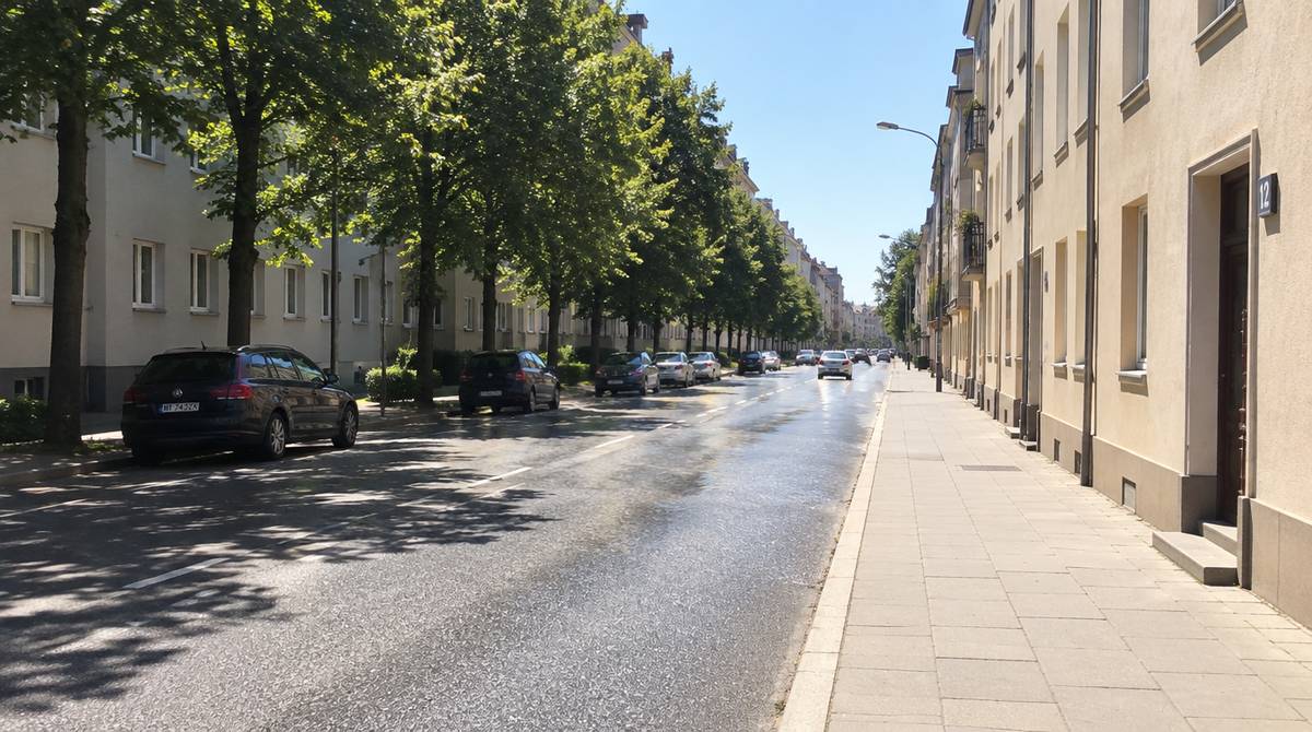 Śródmiejska ulica w upale, rozgrzany asfalt i beton w słońcu, po jednej stronie cień drzew liściastych