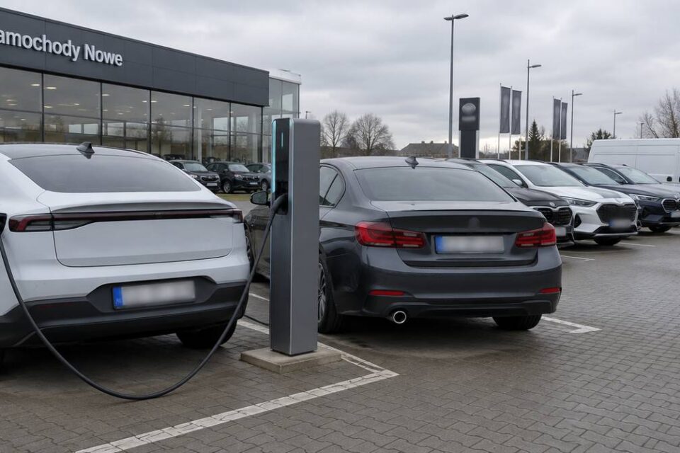 Nowe samochody osobowe i dostawczy na placu salonu, samochód elektryczny przy ładowarce obok auta spalinowego
