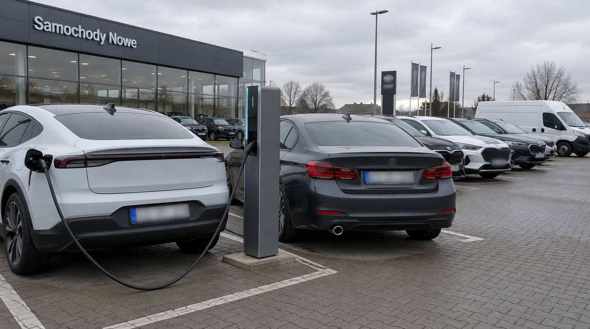 Nowe samochody osobowe i dostawczy na placu salonu, samochód elektryczny przy ładowarce obok auta spalinowego
