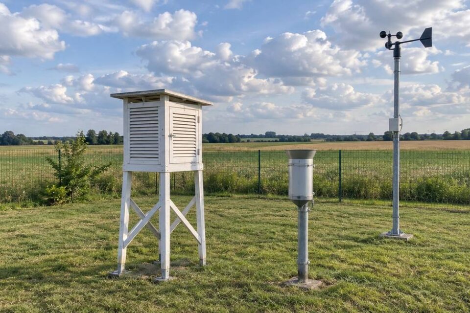 Ogródek meteorologiczny z białą klatką meteorologiczną, deszczomierzem i wiatromierzem na trawie