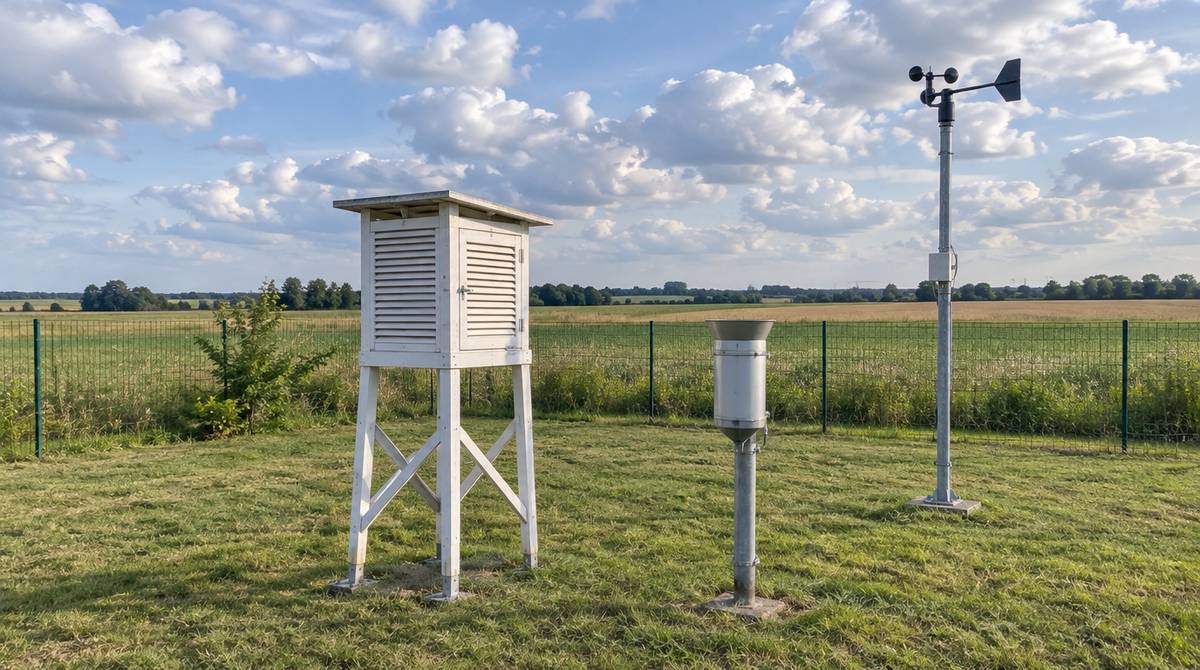 Ogródek meteorologiczny z białą klatką meteorologiczną, deszczomierzem i wiatromierzem na trawie