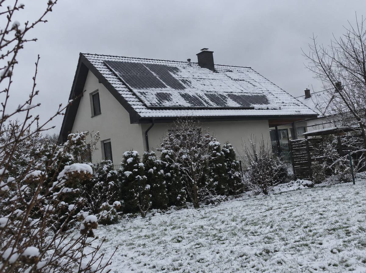 Panele fotowoltaiczne częściowo przykryte śniegiem na dachu domu jednorodzinnego w pochmurny zimowy dzień