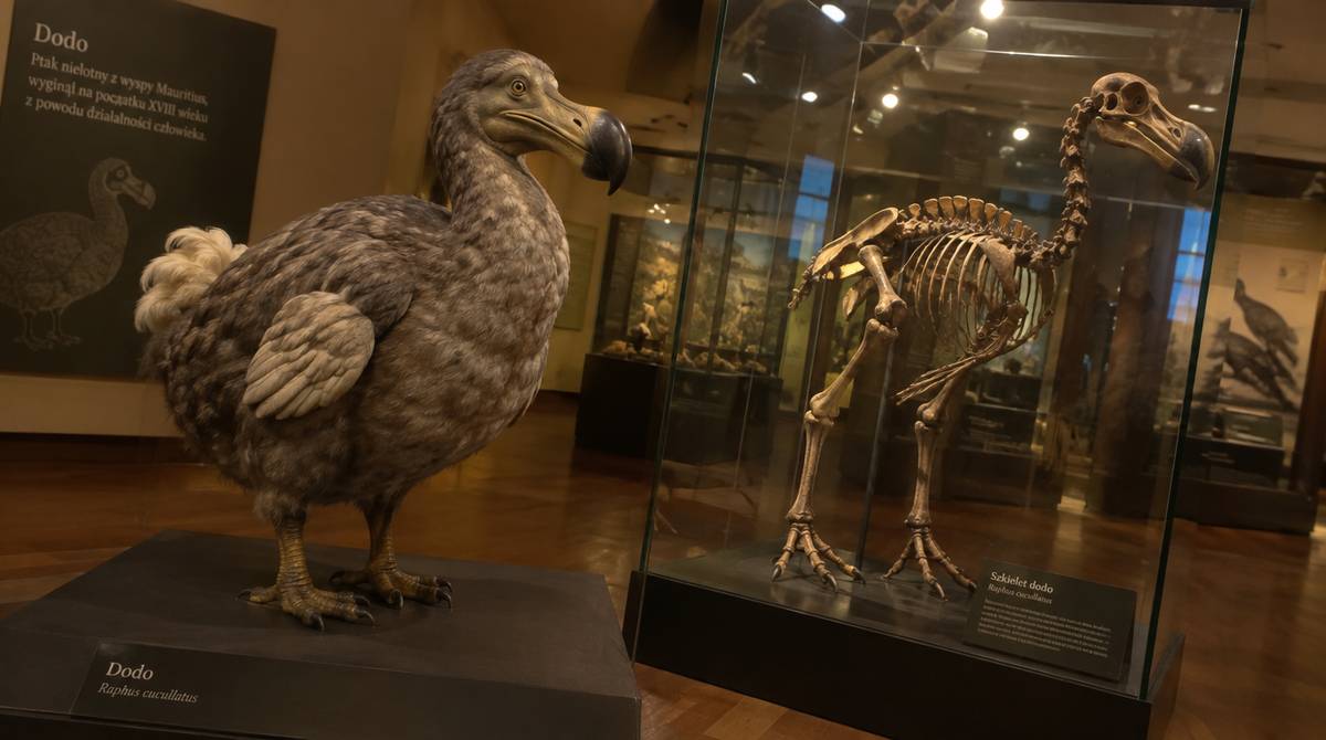 Rekonstrukcja dodo i szkielet dodo w szklanej gablocie w sali muzeum przyrodniczego