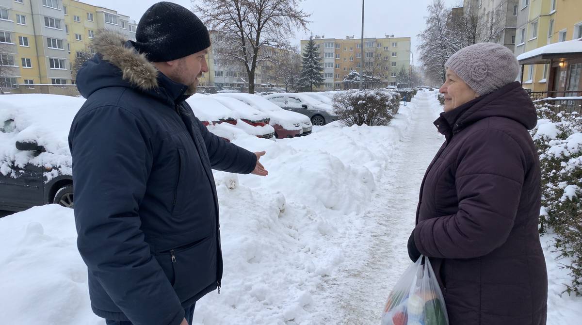 Mężczyzna wskazuje na zaspy śniegu w rozmowie z sąsiadką na zimowym osiedlu