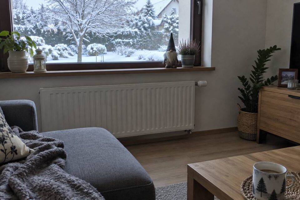 Biały grzejnik płytowy z głowicą termostatyczną pod oknem salonu, za szybą ośnieżony ogród