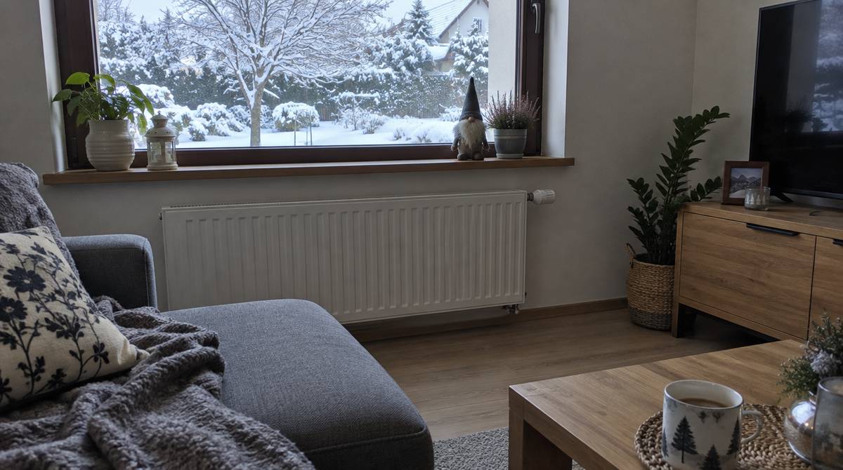 Biały grzejnik płytowy z głowicą termostatyczną pod oknem salonu, za szybą ośnieżony ogród