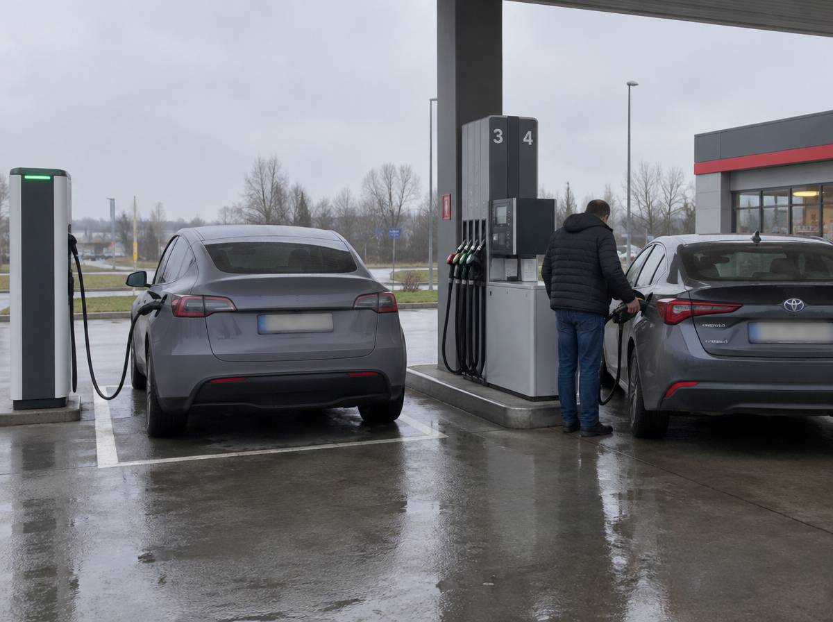 Samochód elektryczny przy ładowarce obok samochodu hybrydowego tankowanego przy dystrybutorze paliwa