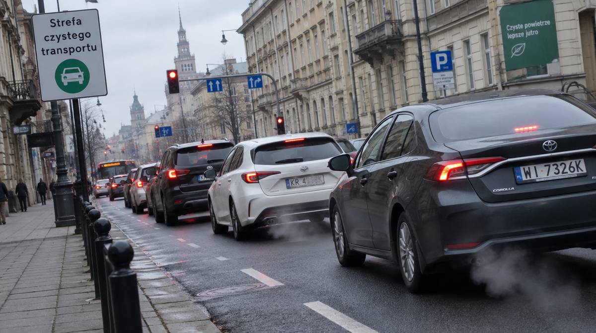 Samochody osobowe w korku na ulicy w śródmieściu miasta objętym strefą czystego transportu