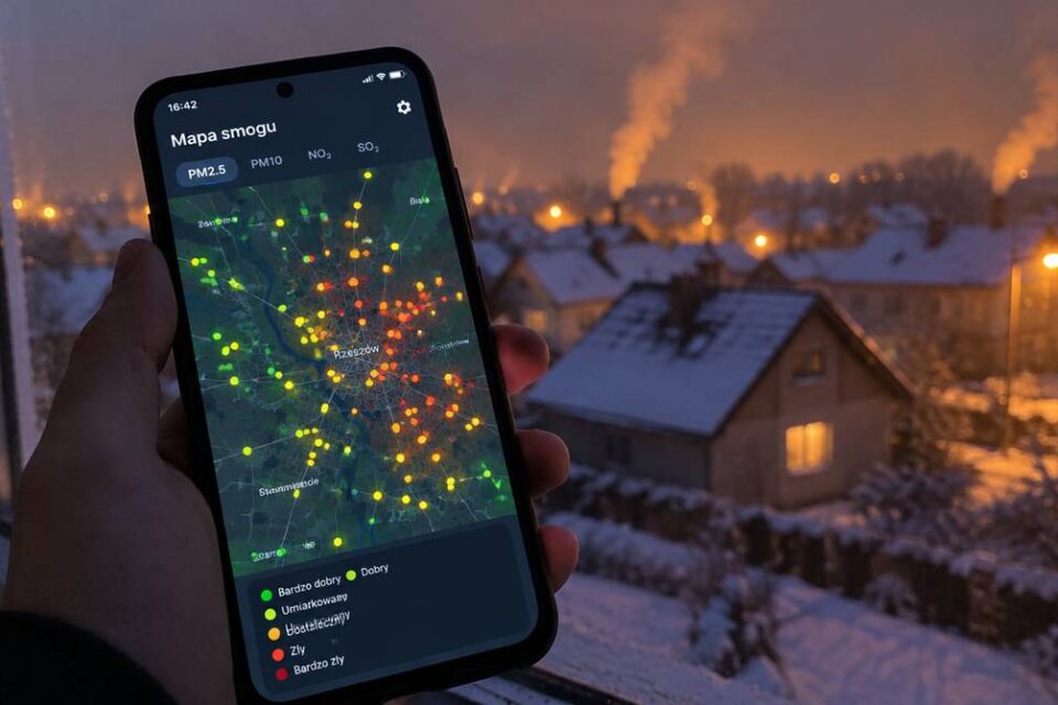 Dłoń trzymająca smartfon z mapą smogu z kolorowymi punktami, za oknem dym z kominów nad dachami domów
