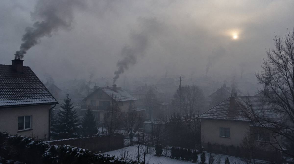 Zimowe osiedle domów jednorodzinnych w smogu, z kominów unosi się dym z domowych pieców na węgiel