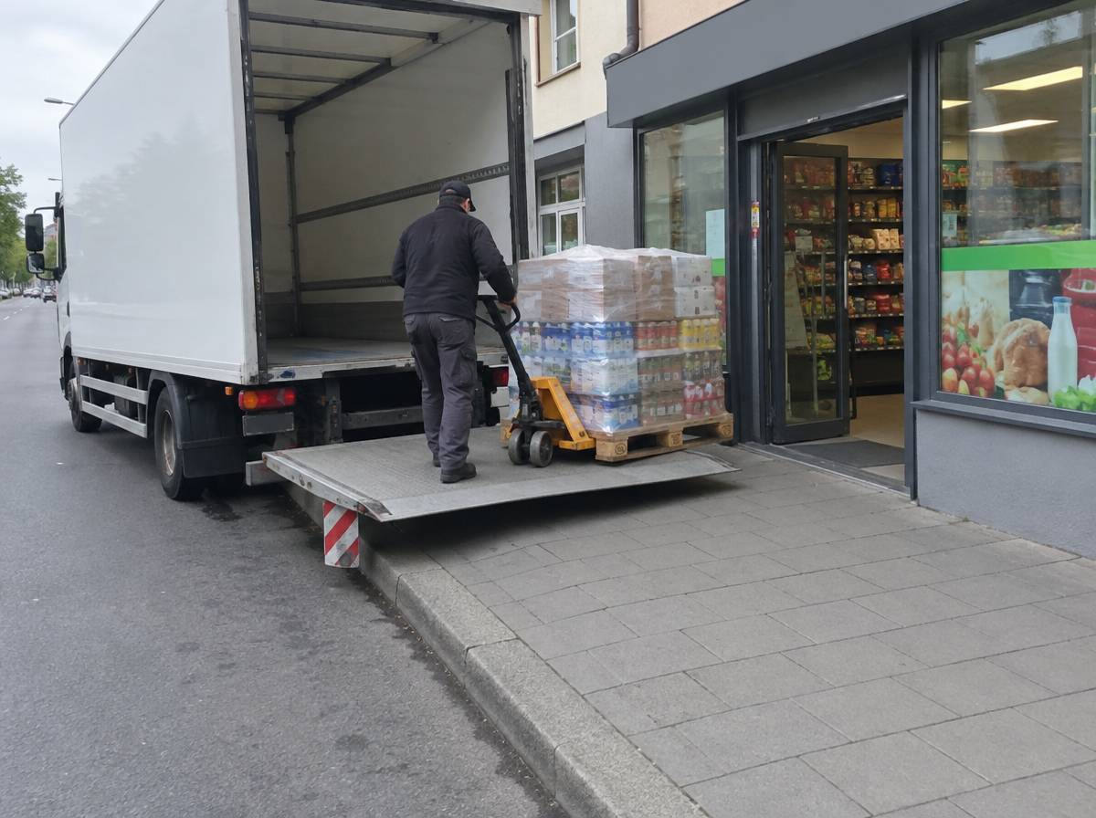Kierowca zjeżdża paleciakiem z europaletą z windy załadowczej ciężarówki solówki prosto pod drzwi małego sklepu