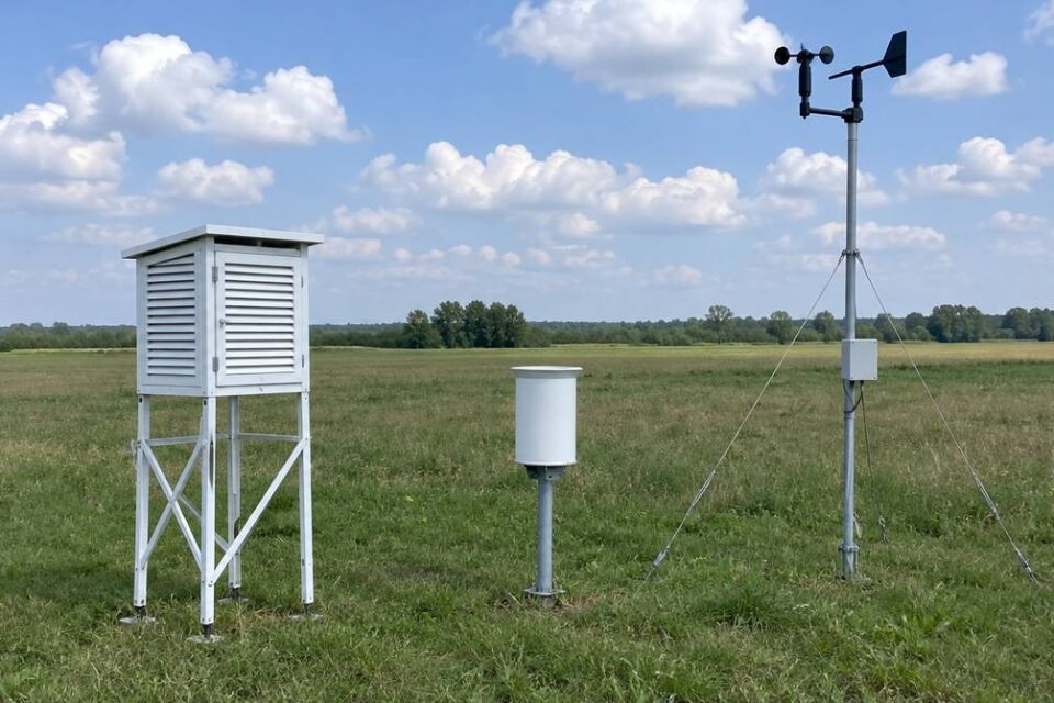 Stacja meteorologiczna na łące z białą klatką meteorologiczną, deszczomierzem i masztem z wiatromierzem